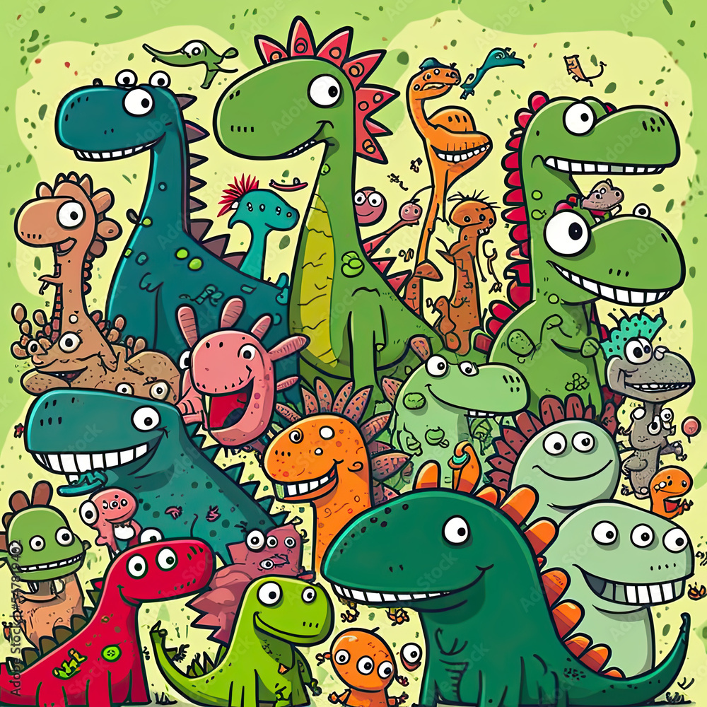 Naklejka premium Doodle illustrations of funny friendly dinosaurs