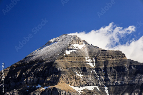 Mount Temple summit covered in snow, Banff National Park, Alberta, Canada.