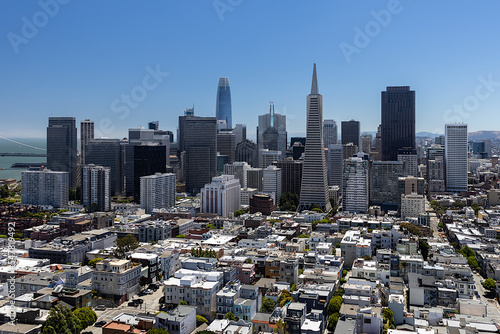 Aerial view of downtown San Francisco with skyscrapers, blue sky, California, USA. © Jara