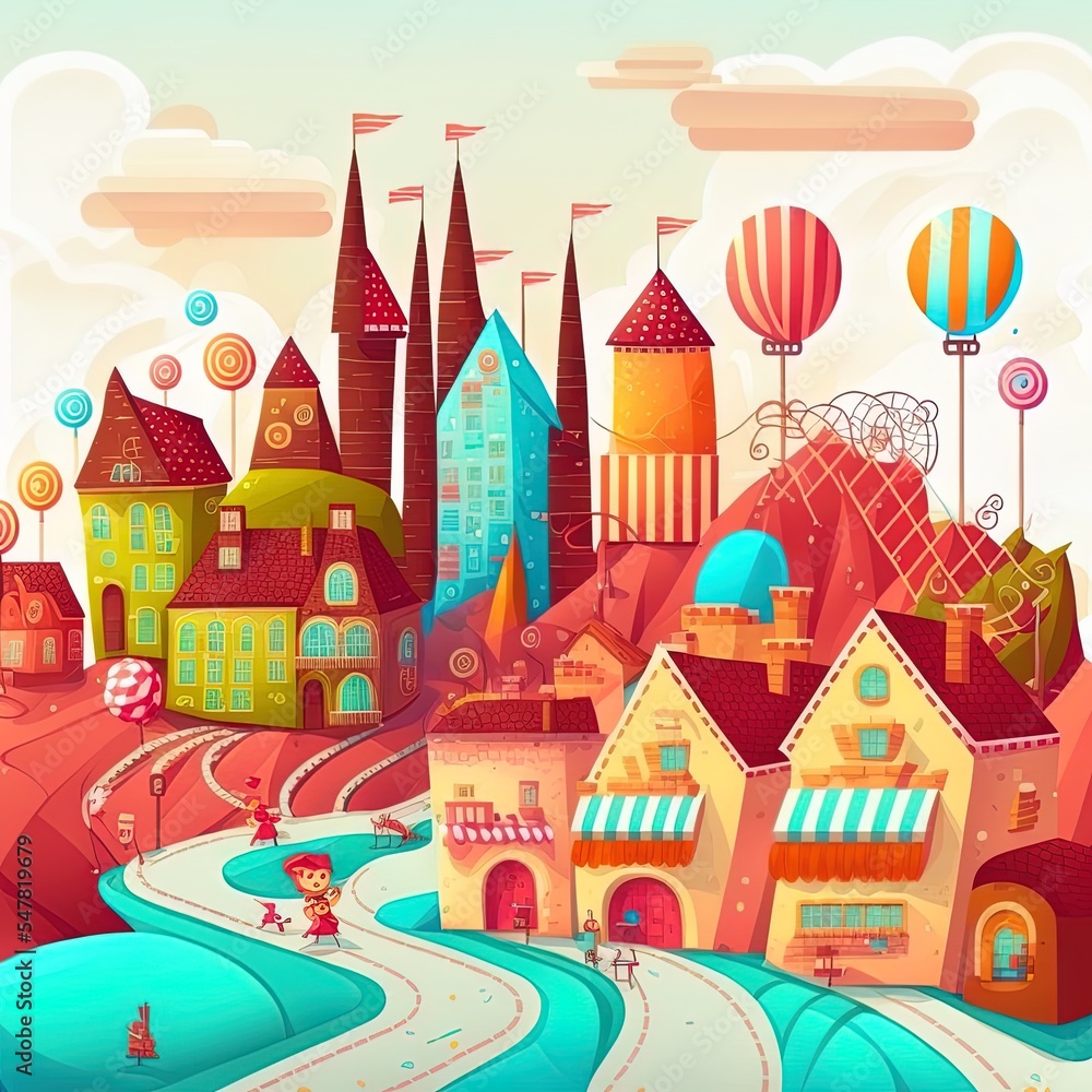 Candy town which is made of lollipop, cake, caramel and marmalade. Colorful houses, towers and bridge on the big panorama. 2d illustrated cartoon illustration.