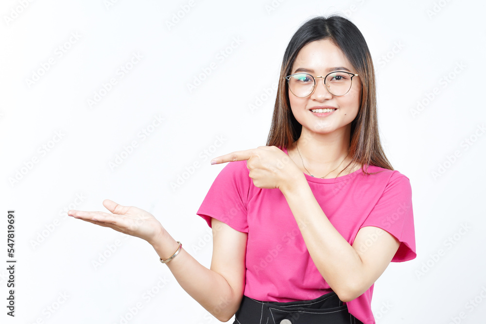 Showing and Presenting Product on Open Palm Of Beautiful Asian Woman Isolated On White Background Showing and Presenting Product on Open Palm Of Beautiful Asian Woman Isolated On White Background