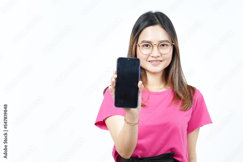 Showing Apps or Ads On Blank Screen Smartphone Of Beautiful Asian Woman Isolated On White Background Showing Apps or Ads On Blank Screen Smartphone Of Beautiful Asian Woman Isolated On White Background