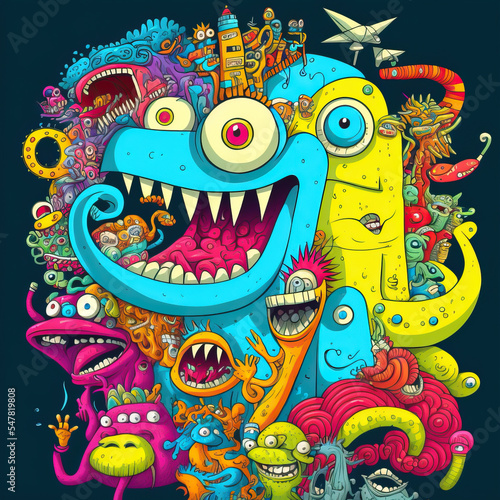 Doodle illustration of colorfull friendly funny monsters photo