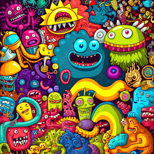 Doodle illustration of funny friendly colorfull monsters