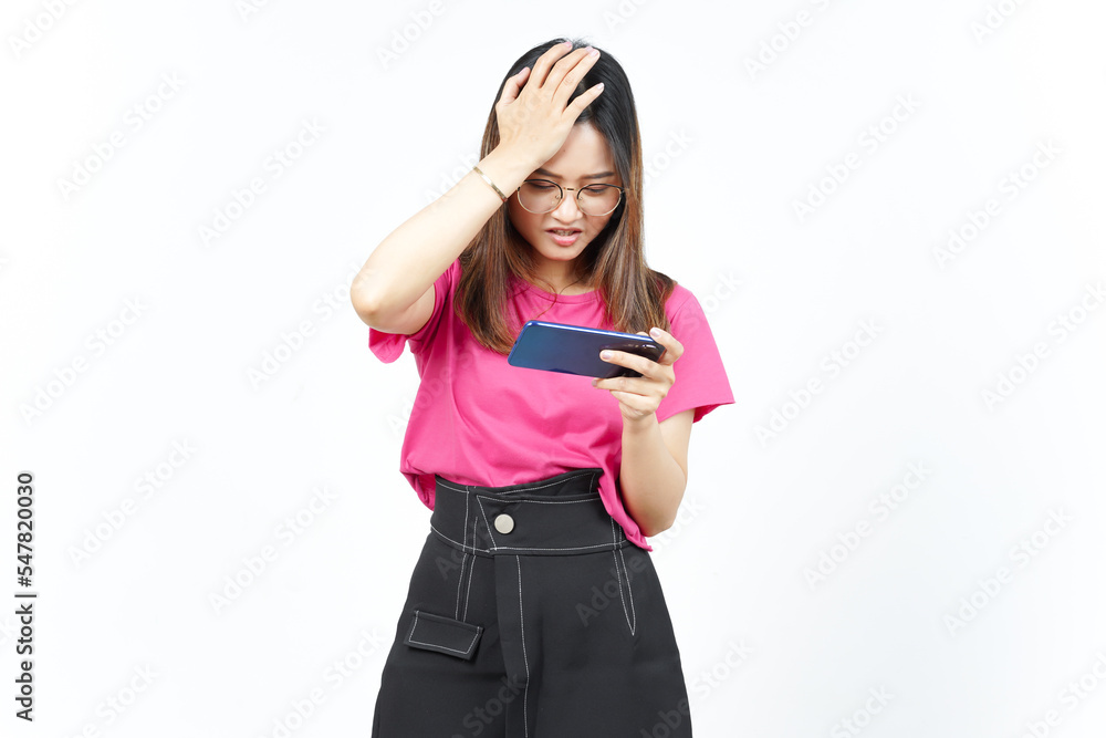Playing Mobile Game on Smartphone Of Beautiful Asian Woman Isolated On White Background Playing Mobile Game on Smartphone Of Beautiful Asian Woman Isolated On White Background