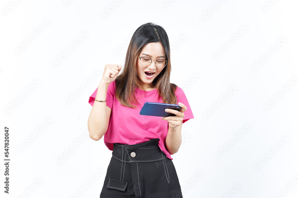Playing Mobile Game on Smartphone Of Beautiful Asian Woman Isolated On White Background Playing Mobile Game on Smartphone Of Beautiful Asian Woman Isolated On White Background