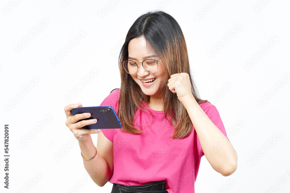 Playing Mobile Game on Smartphone Of Beautiful Asian Woman Isolated On White Background Playing Mobile Game on Smartphone Of Beautiful Asian Woman Isolated On White Background