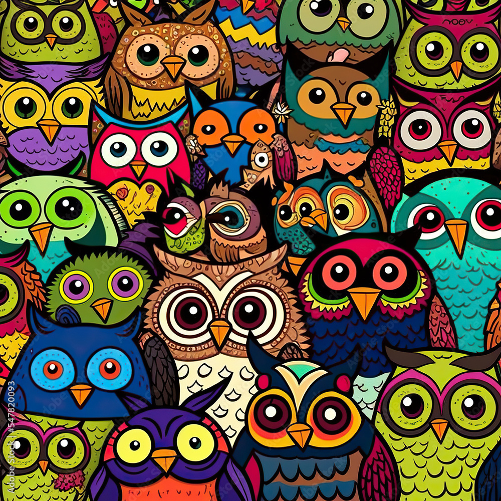 Doodle illustration of cute very colorfull owls Doodle illustration of cute very colorfull owls