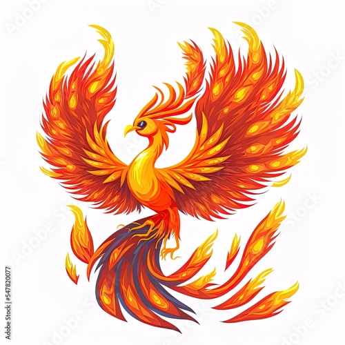 Beautiful phoenix, firebird character with orange burning feathers. 2d illustrated cartoon illustration of fairy tale fenix, mythology magic bird with fire isolated on white background