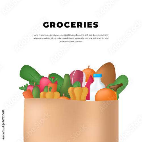 3d fresh groceries shop retail with paper bag delivery fruit vegetable food
