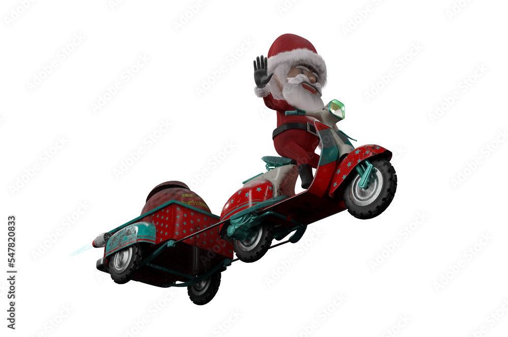 3D Illustration , 3d rendering . Santa claus ride drive scooter