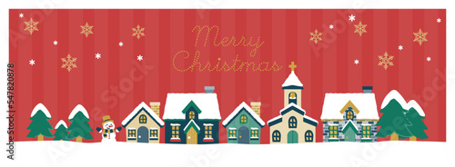 クリスマスの街並みのバナー・赤色／ロゴあり