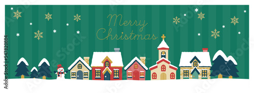 クリスマスの街並みのバナー・緑色／ロゴあり
