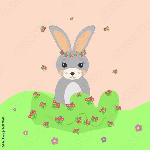 a rabbit on his head with a wreath of flowers rejoices beauty