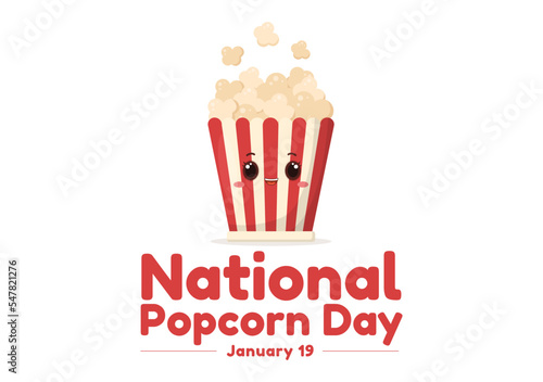 National Popcorn Day on January 19th with a Big Box of Red and White Stripe in Flat Cartoon Background Hand Drawn Templates Illustration