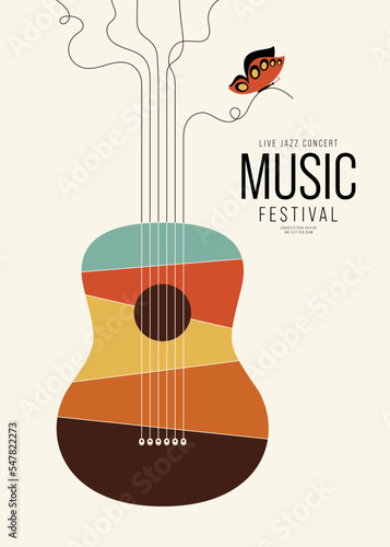 Music festival poster design template background with acoustic guitar photo