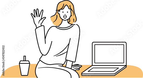 ベンチに座りながらノートパソコンで仕事をしているアジア人女性が手を振っているイラスト素材
