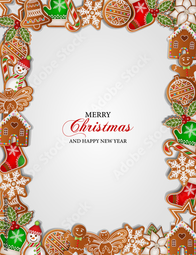 christmas background with gingerbread cookies. christmas frame with gingerbreads