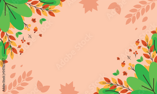 Thanksgiving Background With Free Space. stylized pumpkins, leaves, acorns and confetti in autumn colors. Perfect Thanksgiving design for prints, flyers, banners, invitations photo