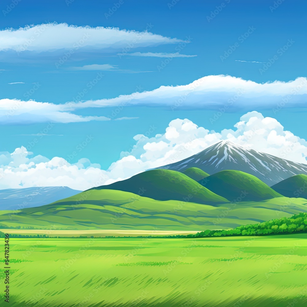 Spring green fields landscape with mountain, blue sky and clouds background,Panorama peaceful rural nature in springtime with green grass land. Cartoon 2d illustrated illustration for spring and
