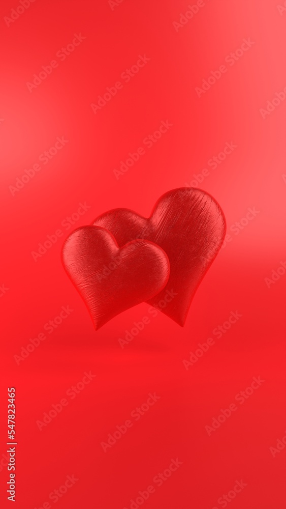 Two deep red hearts with a rough texture on a red background. A simple template for a romantic card for Valentine's Day, Women's Day, wedding or phone wallpaper. 3d rendering, vertical image