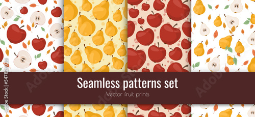 Vector seamless patterns set of many pears, red apples, small leaves. Whole fruit and hal cut. Decorative art elements for cafe menu design, juice or smoothies packaging. Food sign prints collection