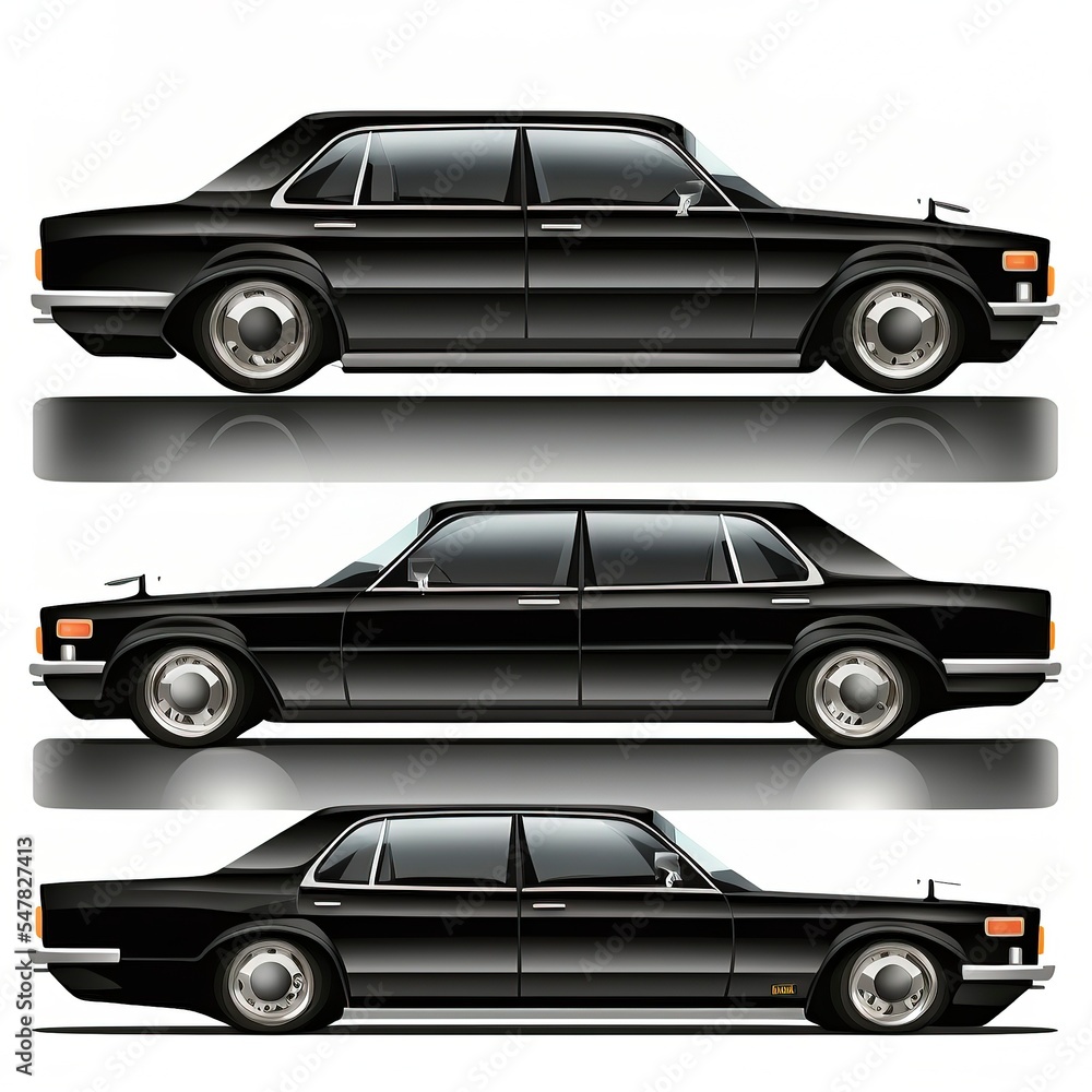 cartoon black car from the back, front and side view. 