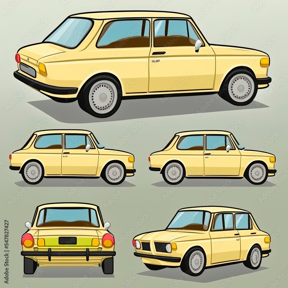 cartoon yellow car from the back, front and side view. 