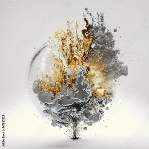Abstract explosiding balloons, gold and silver colors on grey background, created with generative AI