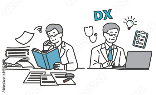 DX化で業務の効率化が進んだ医者のベクターイラスト素材／医療／IT／診療報酬改定DX／効率化