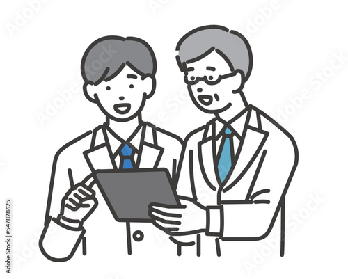 DX化で業務の効率化により電子カルテで話し合いをするのベクターイラスト素材／医療／IT／診療報酬改定DX／効率化