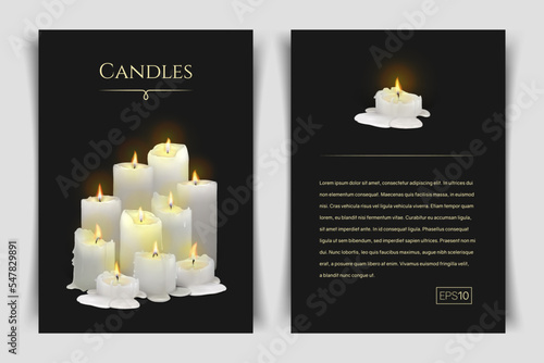 Banner with realistic burning white candles on a black background. 3d candles with melting wax, flame and halo of light. Vector illustration with mesh gradients. EPS10.