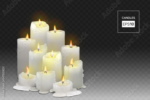 Set of realistic burning white candles on a black background. 3d candles with melting wax, flame and halo of light. Vector illustration with mesh gradients. EPS10.
