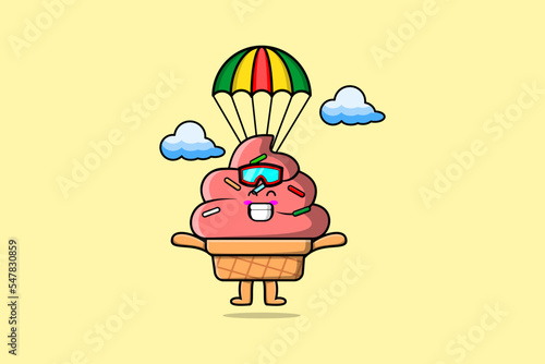 Cute mascot cartoon Ice cream is skydiving with parachute and happy gesture illustration