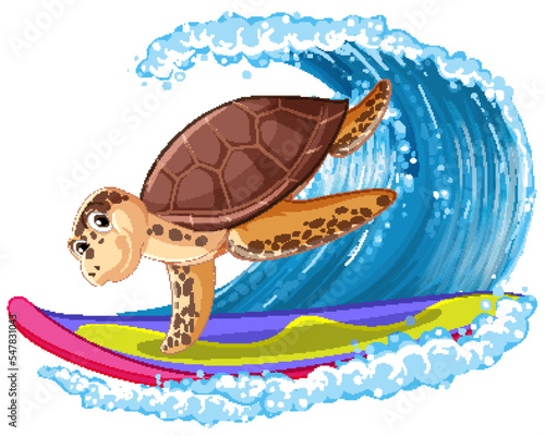 Cute turtle cartoon character surfing