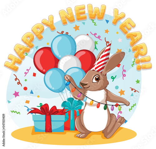 Happy New Year text with cute rabbit for banner design