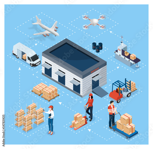 3D isometric Global logistics solutions concept with Smart Logistics, Business logistics, Warehouse Logistic, Online delivery, Export and Import. Vector illustration eps10
