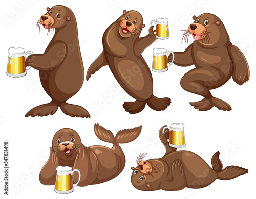 Set of different sea lions cartoon characters
