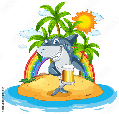 Shark drinking beer on the island