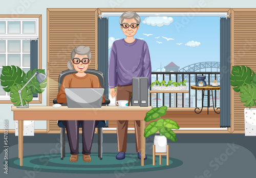 Senior couple using laptop at home