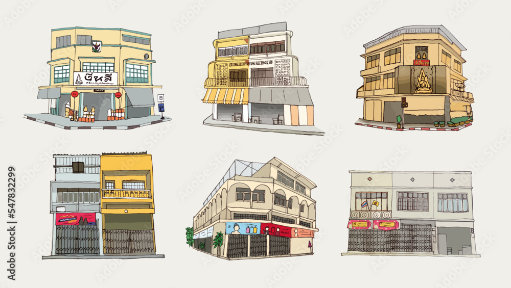 Fototapeta premium Vector Thai old buildings icon set, illustration