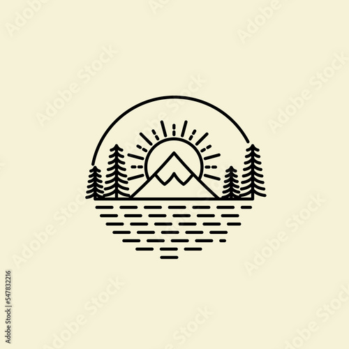 Simple vector lineart style. Mountain lake shore, coniferous tree. Landscape, nature, tourism and travel. For printing, postcards, labels. Black outline drawing.