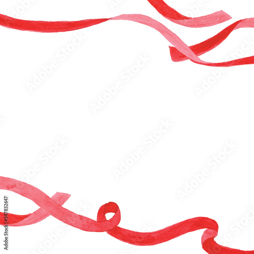 水彩画。水彩タッチの赤いリボンベクターイラスト。赤いリボンのベクターフレームと背景。Watercolor painting. Red ribbon vector illustration with watercolor touch. Red ribbon vector frame and background.