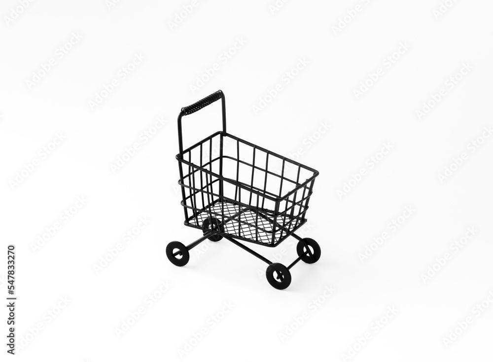 Black Friday, sale offer, shopping online business and e-commerce concepts. Black shopping trolley cart supermarket isolated on white background. Black Friday, sale offer, shopping online business and e-commerce concepts. Black shopping trolley cart supermarket isolated on white background.