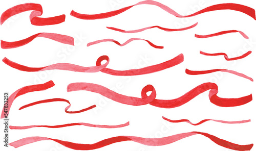 水彩画。水彩タッチの赤いリボンベクターイラスト。赤いリボンのベクターフレームと背景。Watercolor painting. Red ribbon vector illustration with watercolor touch. Red ribbon vector frame and background.