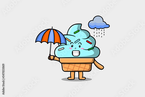 Cute cartoon Ice cream character in the rain and using an umbrella in flat modern style design