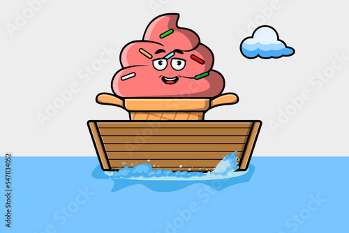 cute cartoon Ice cream get on boat in vector character illustration