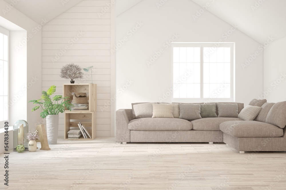 Fototapeta premium White living room with sofa. Scandinavian interior design. 3D illustration