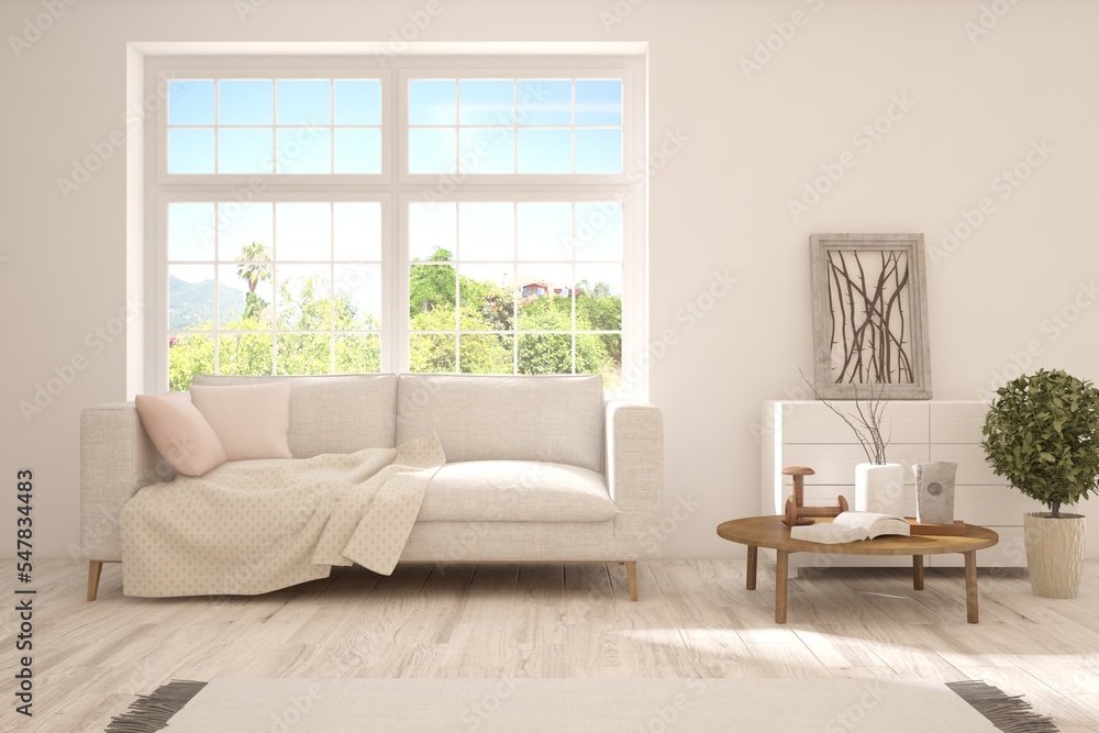 White living room with sofa and summer landscape in window. Scandinavian interior design. 3D illustration White living room with sofa and summer landscape in window. Scandinavian interior design. 3D illustration