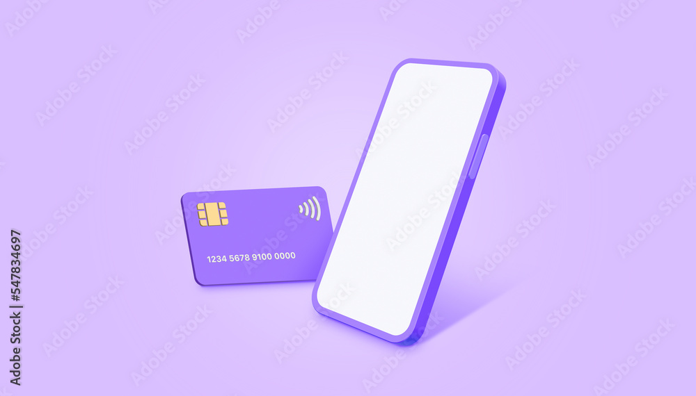 Mobile with credit card on purple background. Mobile banking and Online payment service. Saving money wealth and business financial concept. Smartphone money transfer online. 3D illustration. - obrazy, fototapety, plakaty 